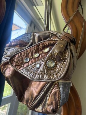 Vintage 80s Embellished Metallic Brown Rhinestone Women's Shoulder Bag 18” drop